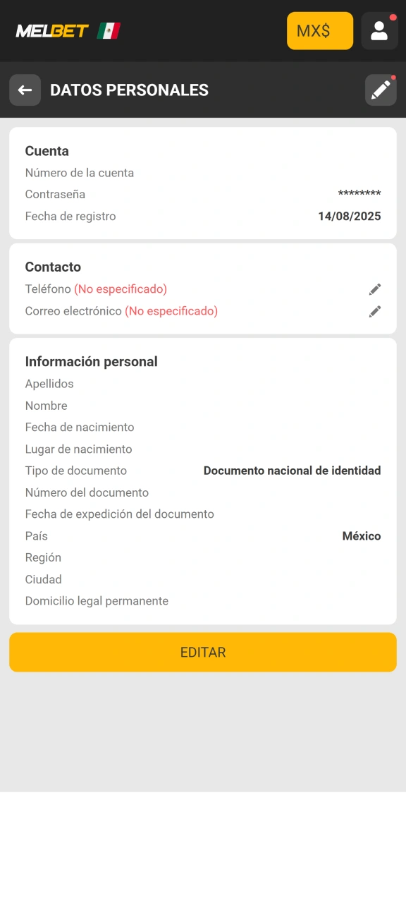 Agregue su información al perfil en Melbet.
