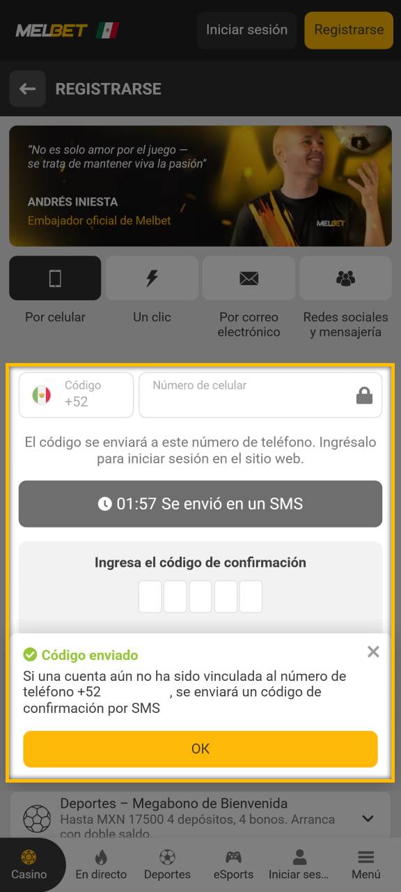 Confirme su teléfono o correo electrónico en Melbet.