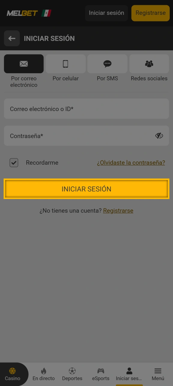 Finalice el inicio de sesión en su cuenta de Melbet.
