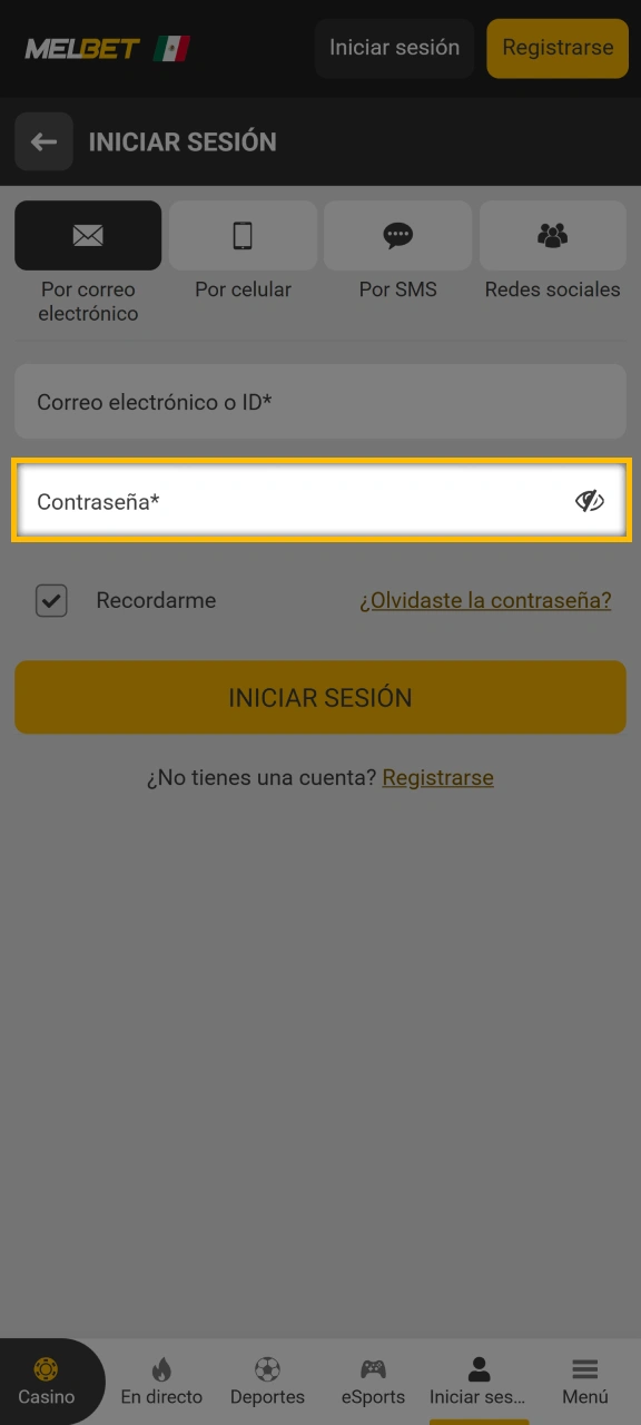Agregue su contraseña al campo de inicio de sesión en Melbet.