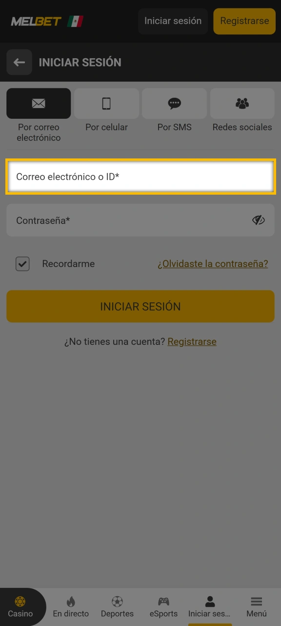 Utilice sus credenciales de inicio de sesión para acceder a la cuenta de Melbet.
